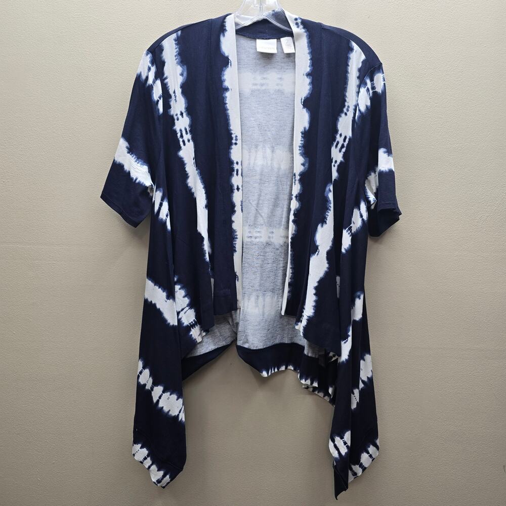 Chico's Tie Dye Kimono Cardigan Size 2 US Large Handkerchief Hem Navy Blue White